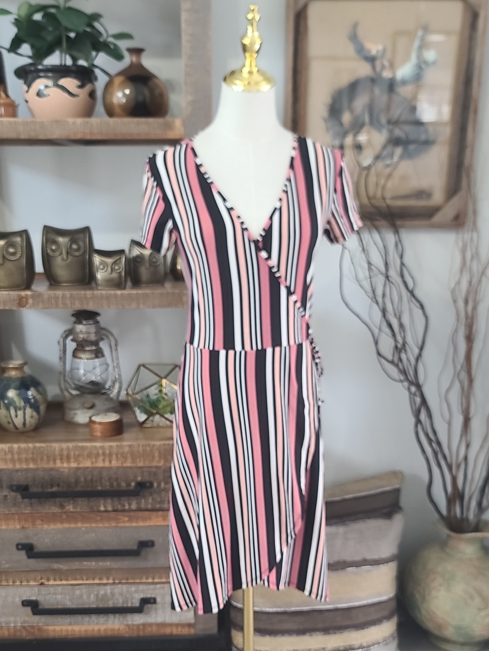 Bobbie Brooks Pink, Black & White Striped Faux Wrap Midi Dress